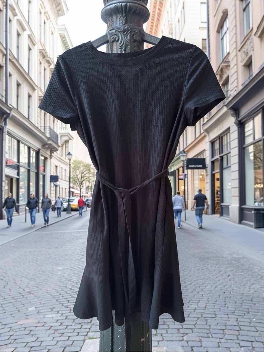 Versona Black Short-Sleeve Belted Mini Dress